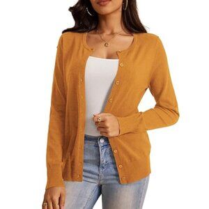 a.Jesdani Button Down Crew Neck Soft Knit Cardigan in Mustard Size L NWT